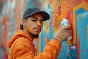 A man painting a graffiti wall photo