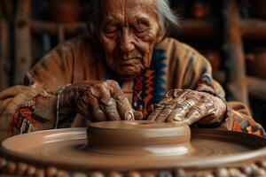 An old woman is making a pot on a potter's wheel photo