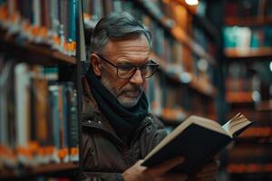 A man in glasses is reading a book in a library photo