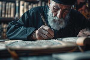 An old man with a beard writing on an old book photo
