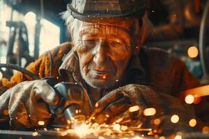 An old man is welding metal in a factory photo