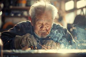 An old man is welding metal in a workshop photo