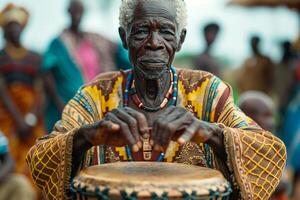 An old man playing a drum in front of a crowd photo