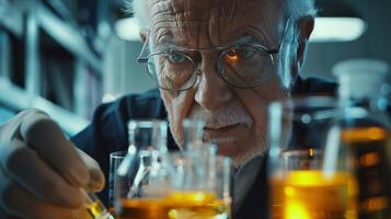An older man is looking at a test tube photo