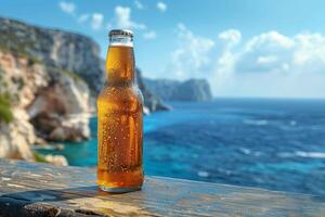 A beer bottle sitting on a wooden table near the ocean photo