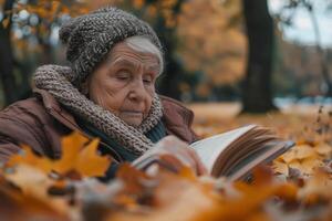 An elderly woman reading a book in the autumn leaves photo