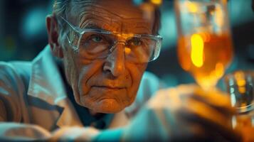 An older man in a lab coat is holding a glass photo