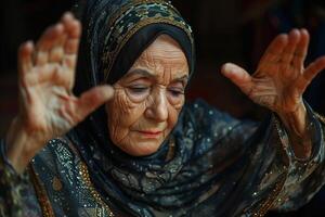 An elderly woman with her hands up in the air photo