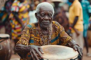 An elderly man playing a drum in front of a crowd photo