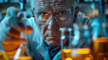 An older man in a lab coat is looking at a test tube photo