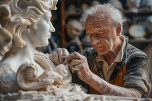 An older man is working on a sculpture photo