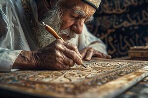 An old man writing on a piece of paper photo