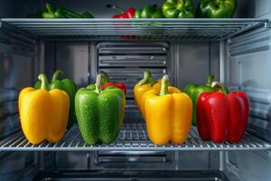 A refrigerator with peppers and bell peppers inside photo