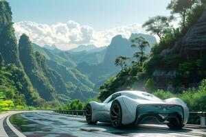 A futuristic car driving down a road in the mountains photo