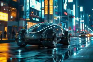A futuristic car is driving down a city street at night photo