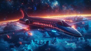 A jet plane flying through the sky with stars photo