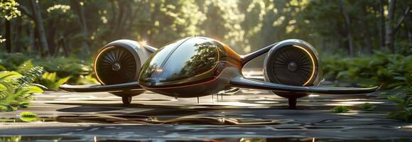 A futuristic car is sitting in the middle of a forest photo
