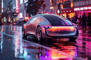 A futuristic car is driving down a street at night photo