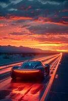 The car is driving on the road at sunset photo