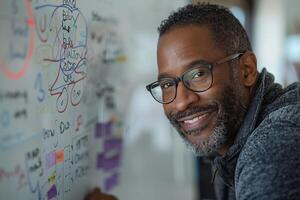A man with glasses and a beard is smiling while writing on a whiteboard photo
