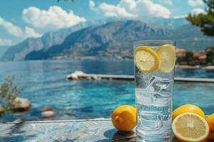 A glass of water with lemon slices on the table photo