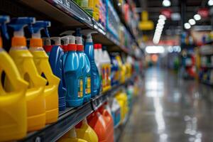 A row of cleaning products on a shelf in a store photo