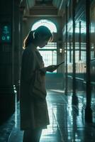 A woman in a coat is looking at her phone photo