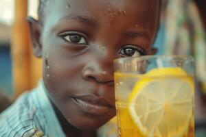 A young boy with a glass of lemonade photo