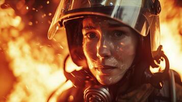 A woman in a fire suit is looking into the camera photo