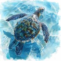 A painting of a sea turtle swimming in the ocean photo