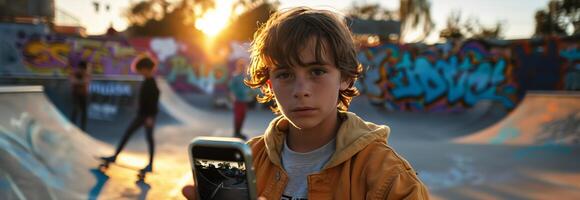 A boy holding a cell phone in front of a skateboard ramp photo