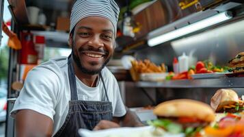 A smiling man in an apron is serving food in a food truck photo