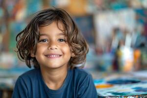 A young boy smiles while sitting at a table photo