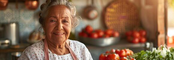 An older woman is smiling in front of a table with tomatoes photo