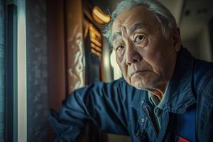 An older man looking out the window of a train photo