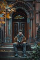 Man reading book on steps photo