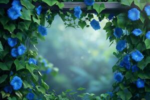 A frame with blue flowers and leaves photo