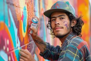 A man with a hat and a cap is painting a wall photo