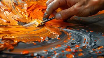 A person painting with a brush on a piece of orange paint photo