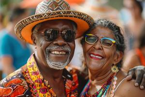 An older couple wearing colorful clothing and sunglasses photo