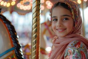 A young girl smiles while riding a carousel photo