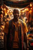 A man standing in front of a market photo