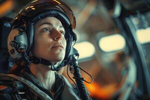 A woman in a fighter jet wearing a helmet photo