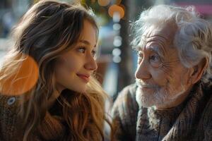 An older man and young woman looking at each other photo