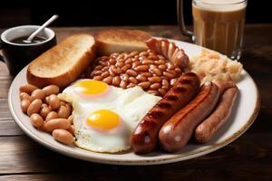 A plate of breakfast food with a cup of coffee photo
