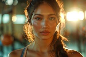 A woman with long hair and a ponytail in a gym photo