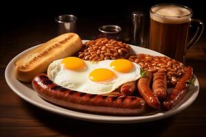 A plate of food with eggs, sausages, and beans photo