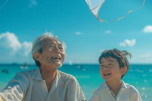 A man and a boy on the beach photo