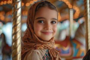 A young girl wearing a headscarf smiles while riding a carousel photo