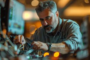 A man working on a computer in a room photo